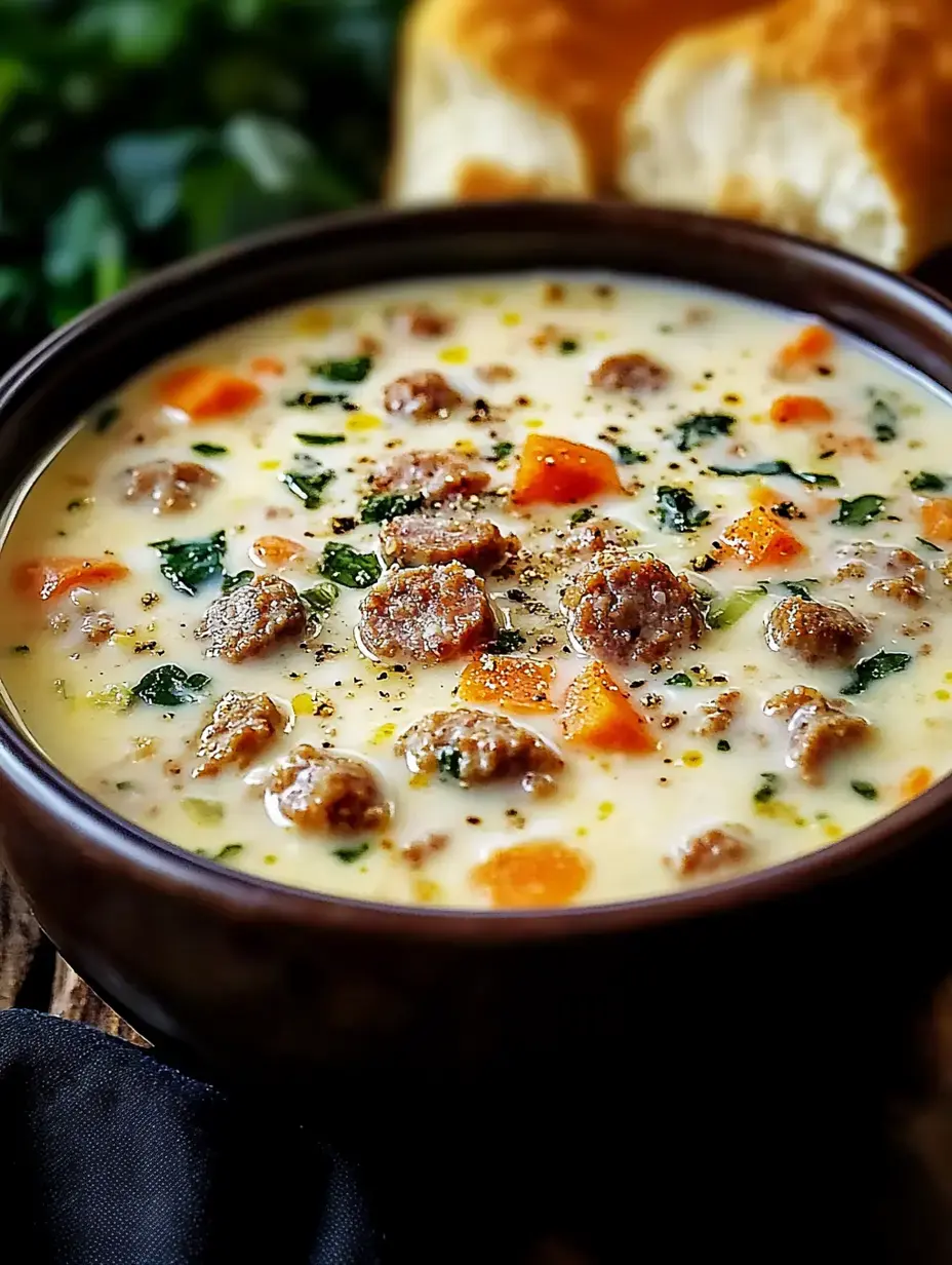 Un bol de soupe crémeuse contenant saucisse, carottes en dés et verdure, accompagné d'un morceau de pain.