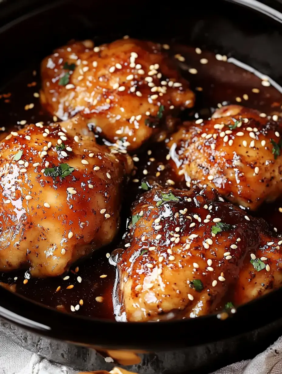 Une image en gros plan de cuisses de poulet glacées garnies de graines de sésame et d'herbes dans une sauce foncée.