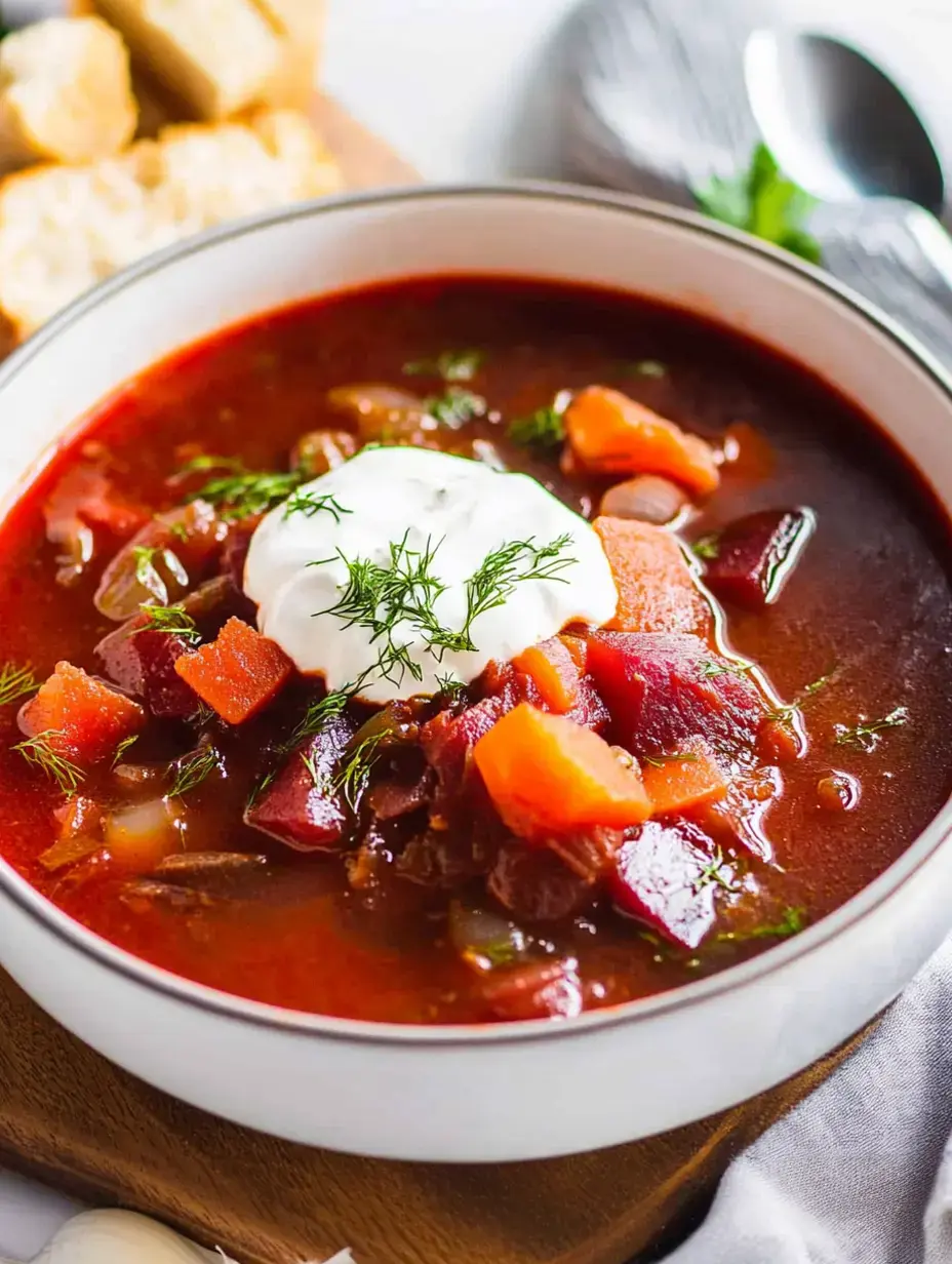 Un bol de soupe borchtch colorée garnie d'une cuillerée de crème aigre et d'aneth frais, accompagné de morceaux de pain.