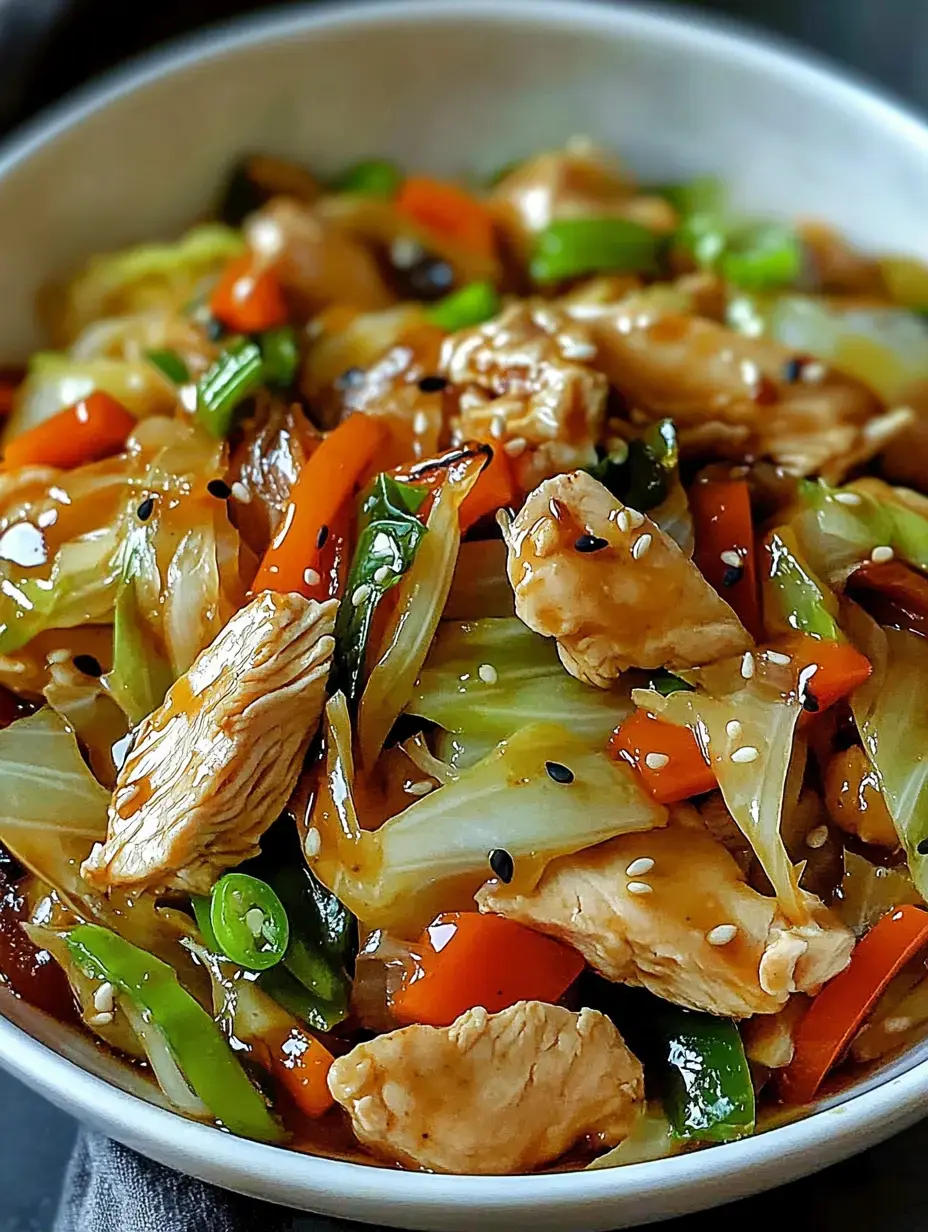 Une vue rapprochée d'un bol rempli de poulet sauté et légumes, incluant du chou, des poivrons et des oignons verts, garni de graines de sésame.