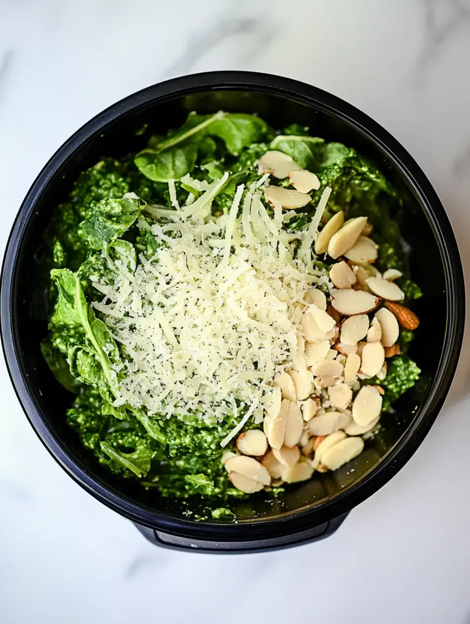 Un bol noir rempli d'une salade verte garnie de fromage râpé et d'amandes tranchées.