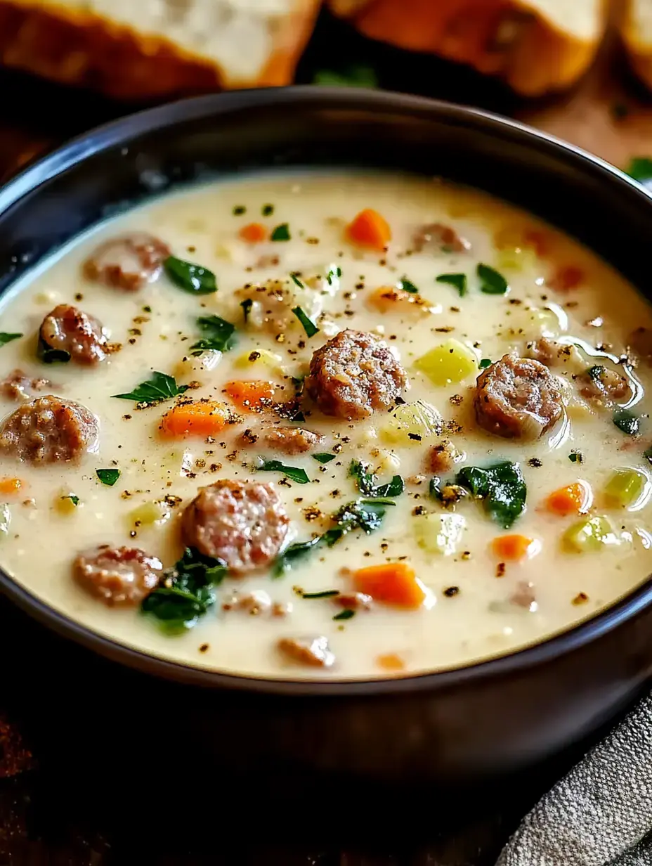 Une soupe crémeuse avec saucisse, légumes et herbes servie dans un bol noir, accompagnée de tranches de pain en arrière-plan.