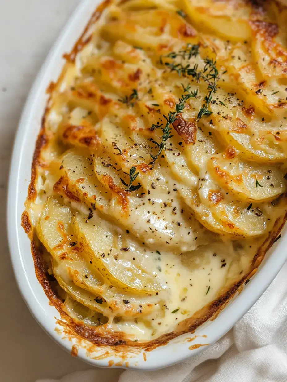Un plat de pommes de terre crémeux, superposé et cuit avec une croûte dorée, garni de thym frais.
