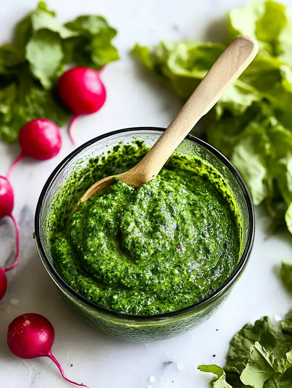 Un bol de pesto vert vif est entouré de radis frais et de verdure sur une surface en marbre, avec une cuillère en bois dans le bol.