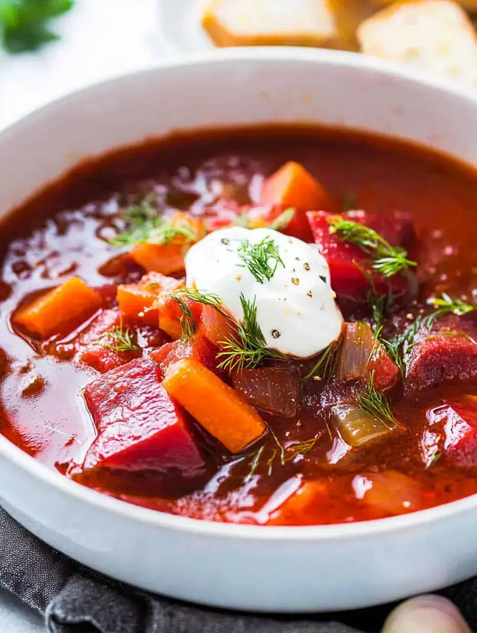 Un bol de soupe consistante aux légumes avec des morceaux de betteraves, de carottes et une cuillerée de crème aigre, garni d'aneth frais.