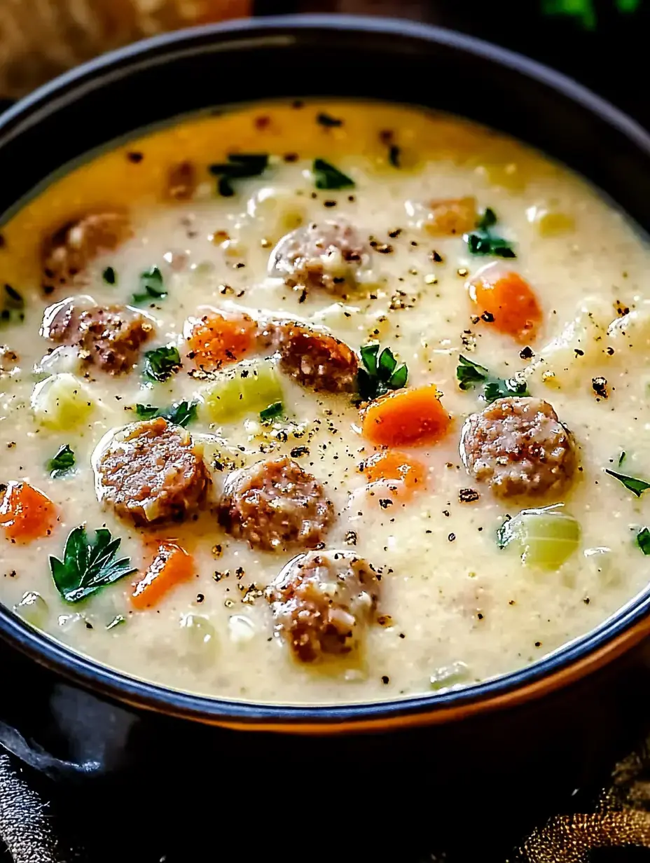 Un bol fumant de soupe crémeuse avec des boulettes de viande, carottes, céleri et persil, garni de poivre noir.