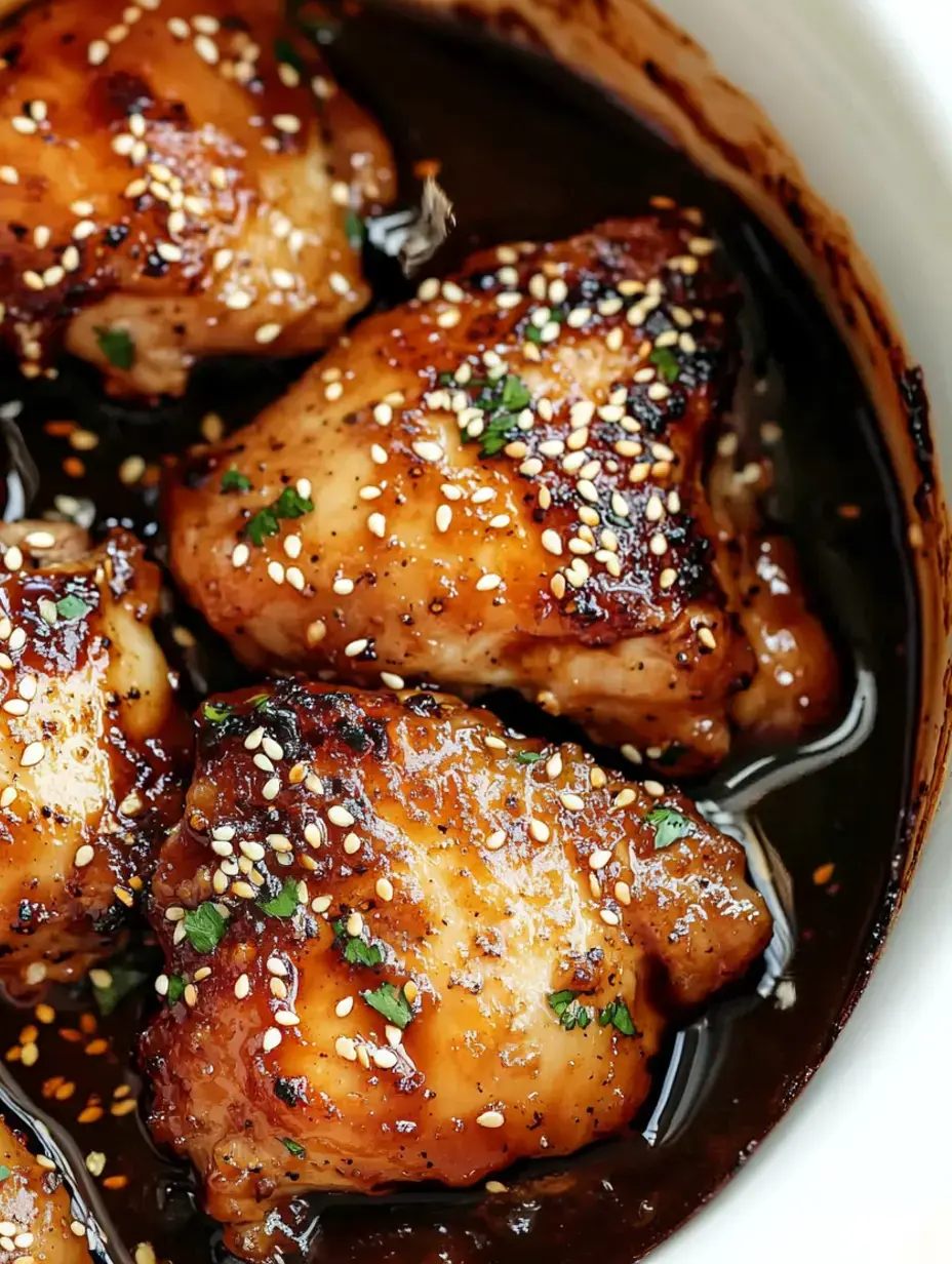 Un gros plan de cuisses de poulet glacées garnies de graines de sésame et d'herbes dans une sauce foncée.