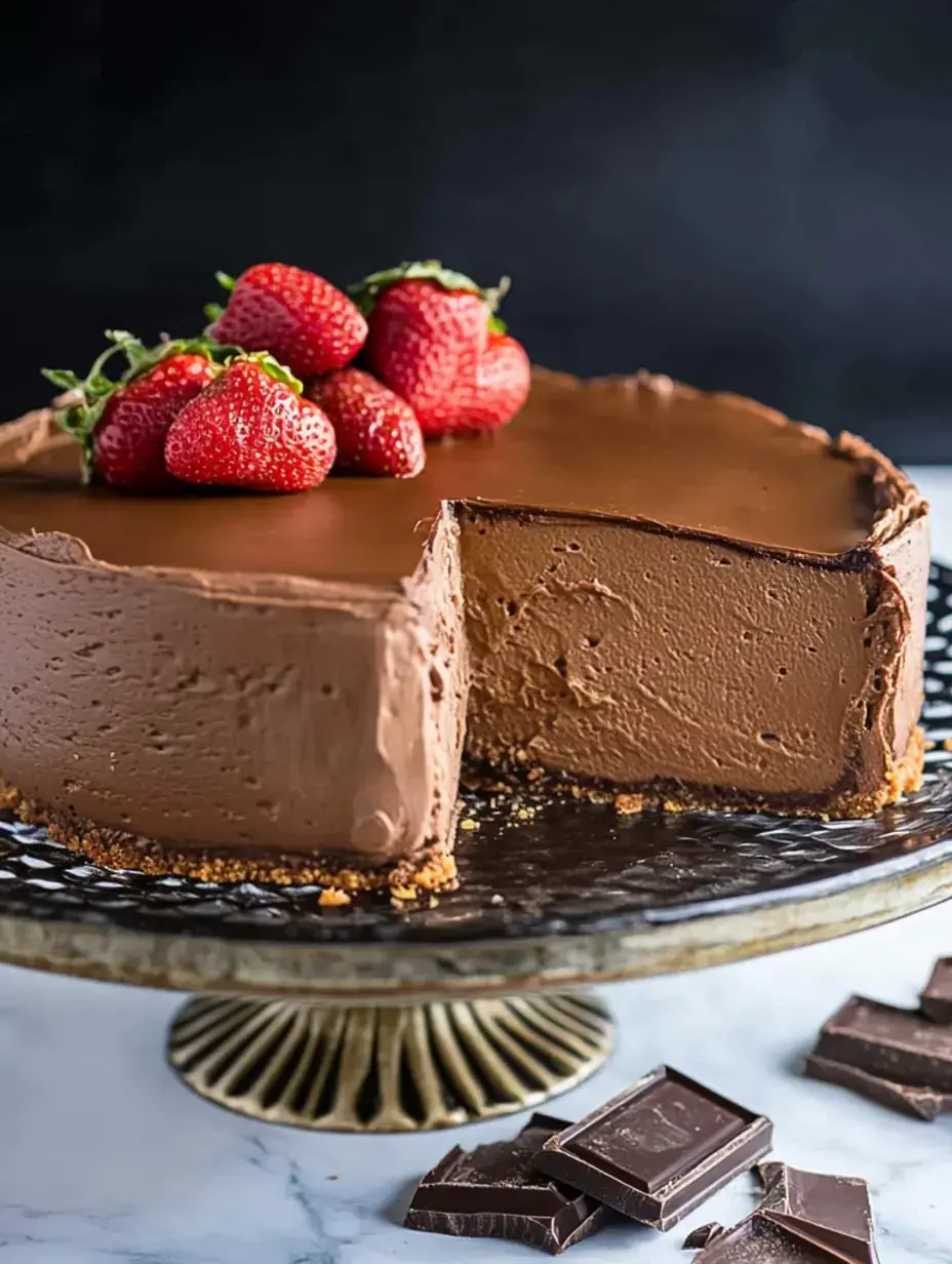 Un riche cheesecake au chocolat garni de fraises fraîches, présenté sur un joli présentoir à gâteau avec des morceaux de chocolat à proximité.