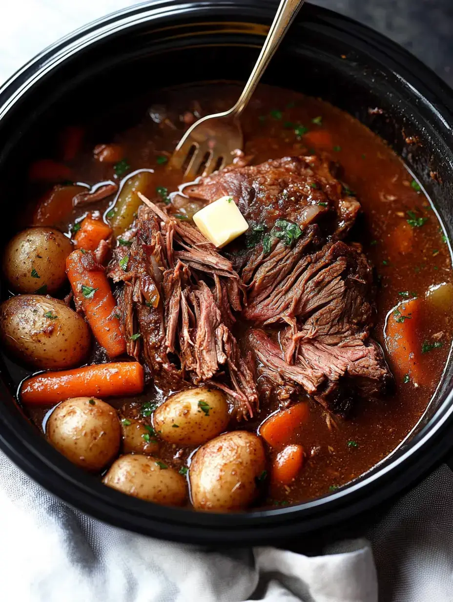 Un gros plan d'un rôti mijoté avec du bœuf effiloché tendre, des carottes et des pommes de terre nouvelles dans un bouillon savoureux, garni d'une noisette de beurre et de persil.