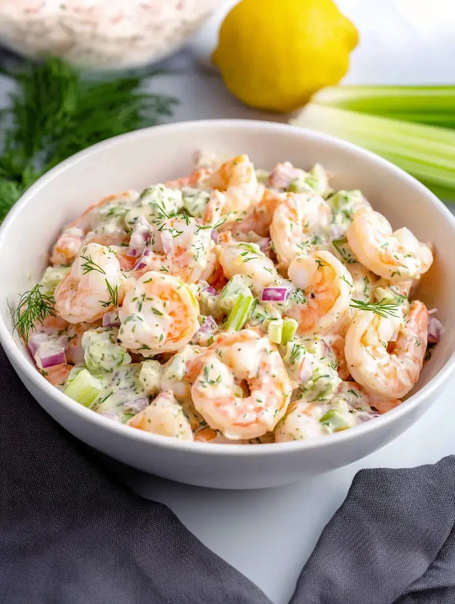Un bol de salade de crevettes avec céleri, oignon rouge et aneth, accompagné d'un citron et d'un bol d'ingrédients supplémentaires en arrière-plan.