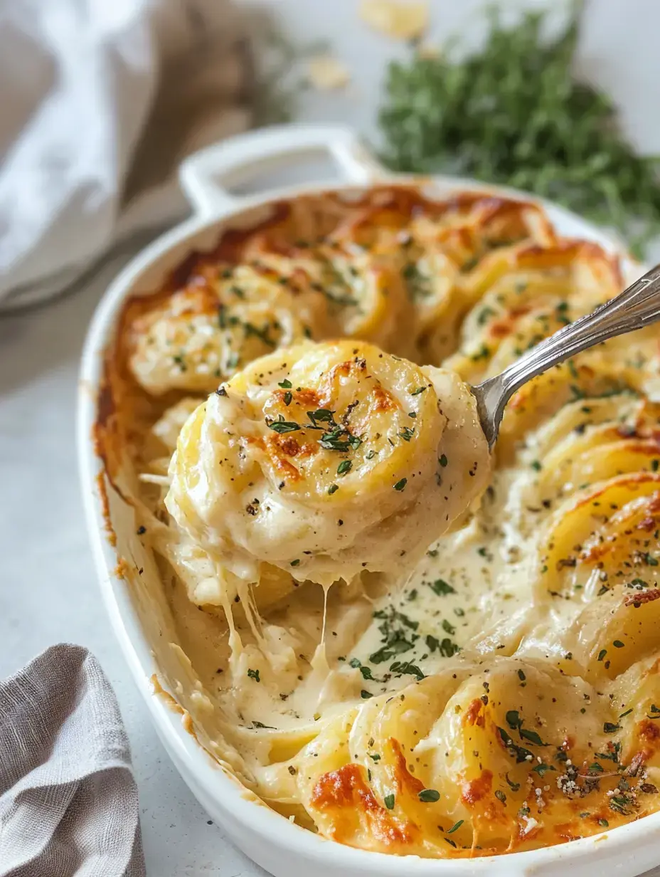 Une cuillère de service soulève une portion de gratin de pommes de terre crémeux recouvert de fromage fondu et parsemé d'herbes d'un plat blanc.