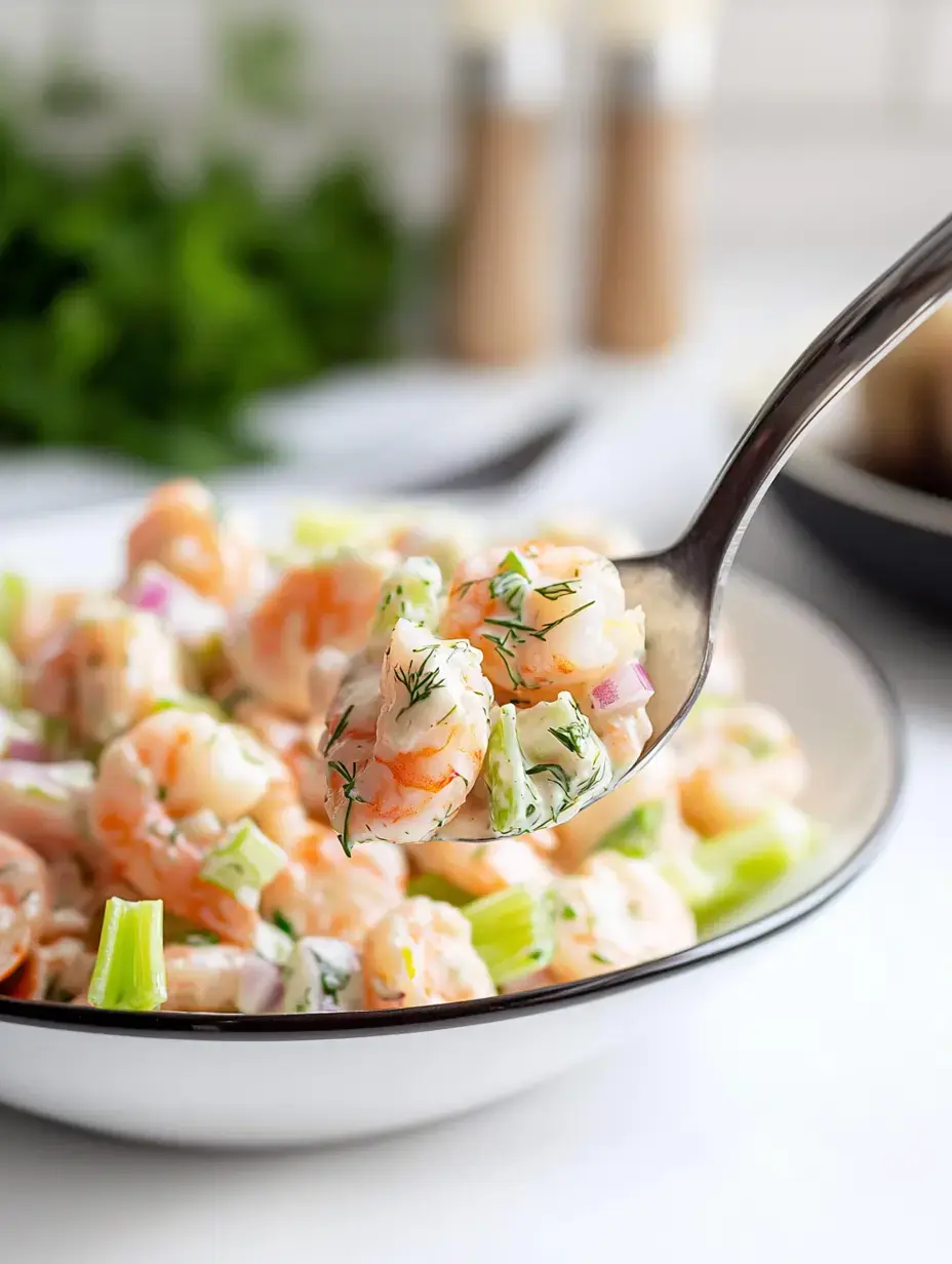 Une cuillerée de salade de crevettes avec céleri, aneth et oignon rouge est soulevée d'un bol blanc, entourée d'ingrédients frais.