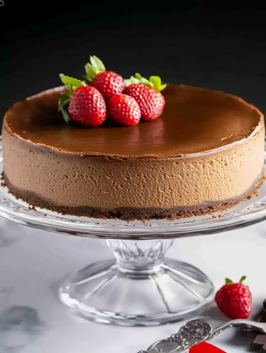 Un cheesecake au chocolat garni de fraises fraîches posé sur un présentoir à gâteau en verre.