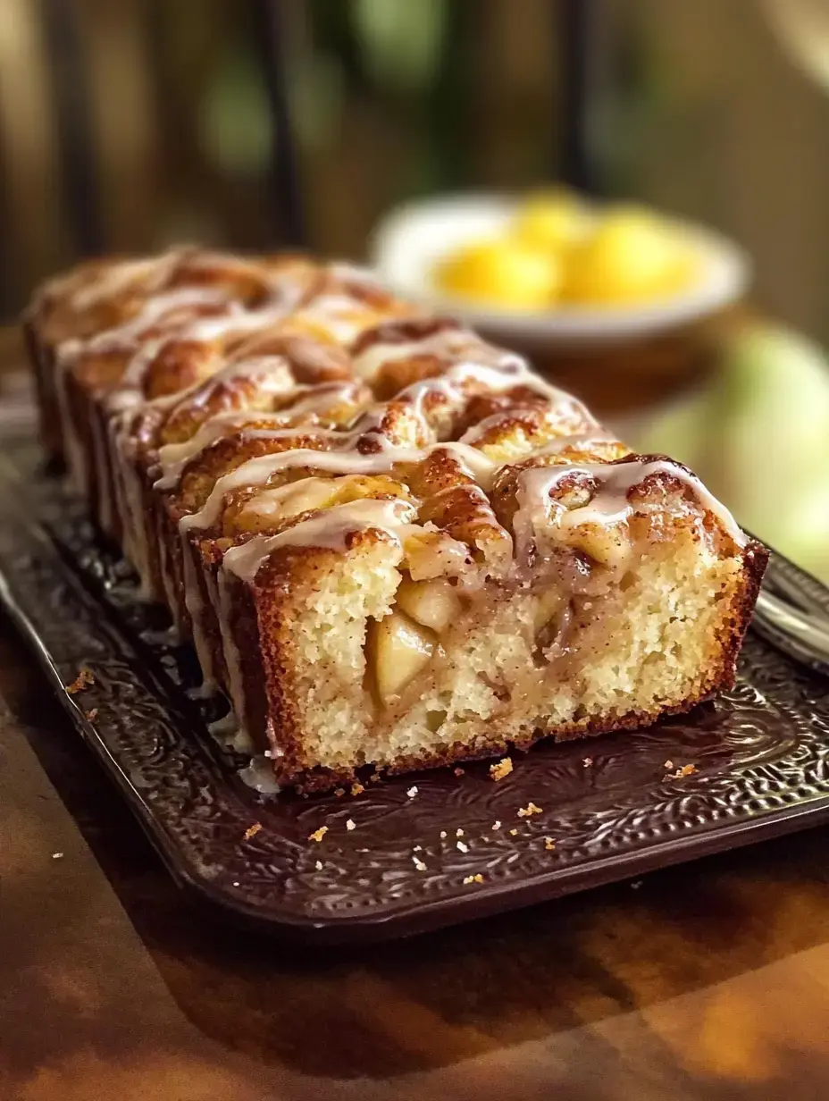 Un cake tranché recouvert d'un filet de glaçage, révélant une garniture de pommes et de cannelle à l'intérieur.