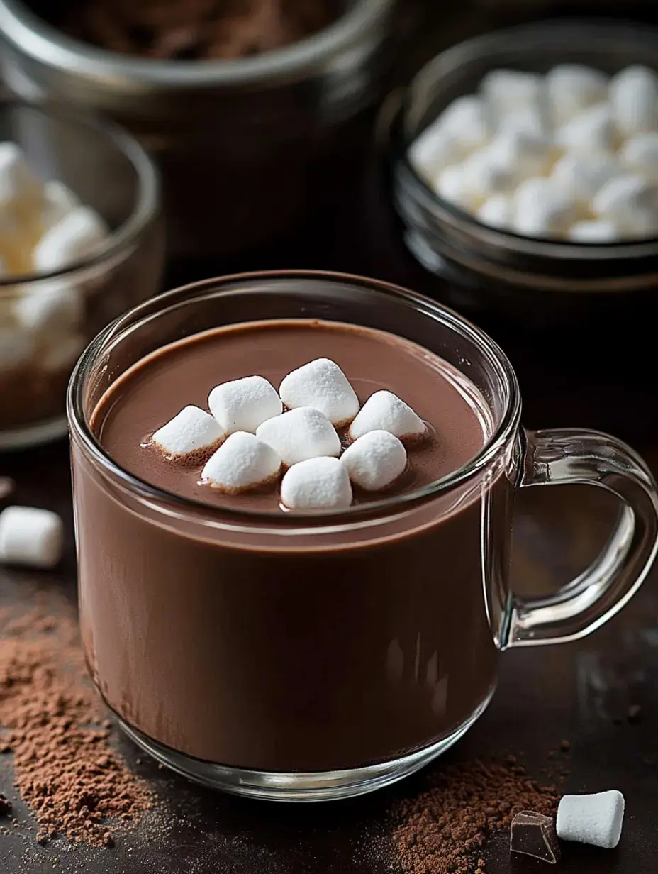 Une tasse en verre transparent remplie de chocolat chaud garni de guimauves, entourée de poudre de cacao et de pots de guimauves.