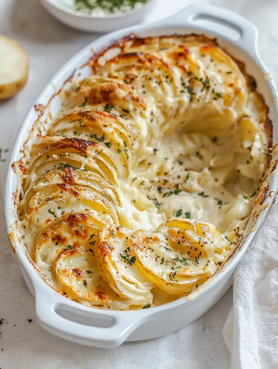 Un plat cuit de pommes de terre tranchées superposées dorées, nappé de sauce crémeuse et garni d'herbes.
