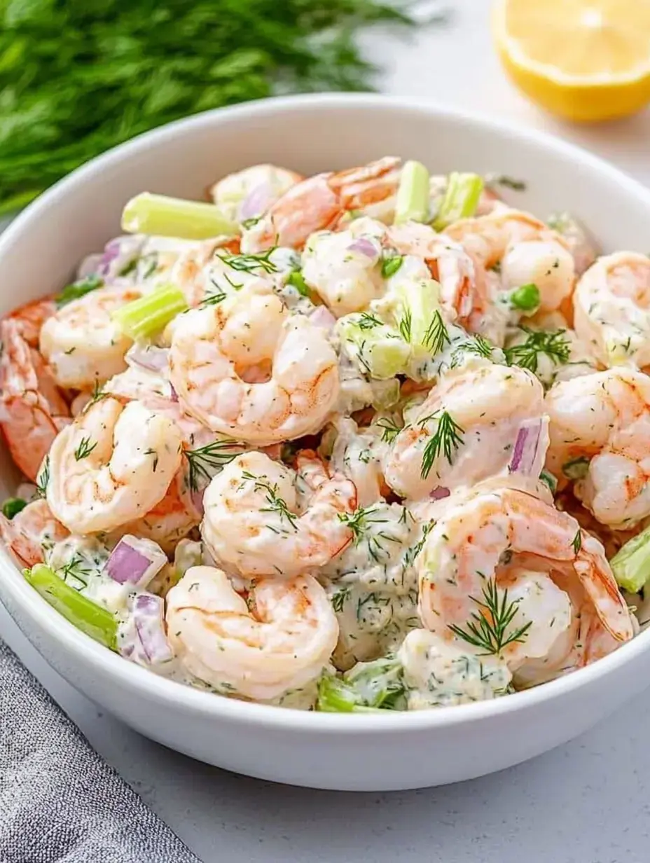 Un bol de salade de crevettes mélangée avec du céleri, de l'aneth et des oignons, garnie d'aneth frais et d'une tranche de citron en arrière-plan.