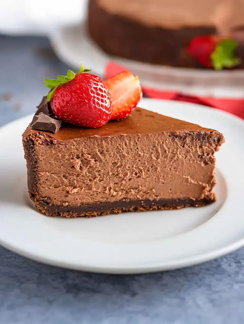 Une part de cheesecake au chocolat garnie d'une fraise et d'un morceau de chocolat, servie sur une assiette blanche.