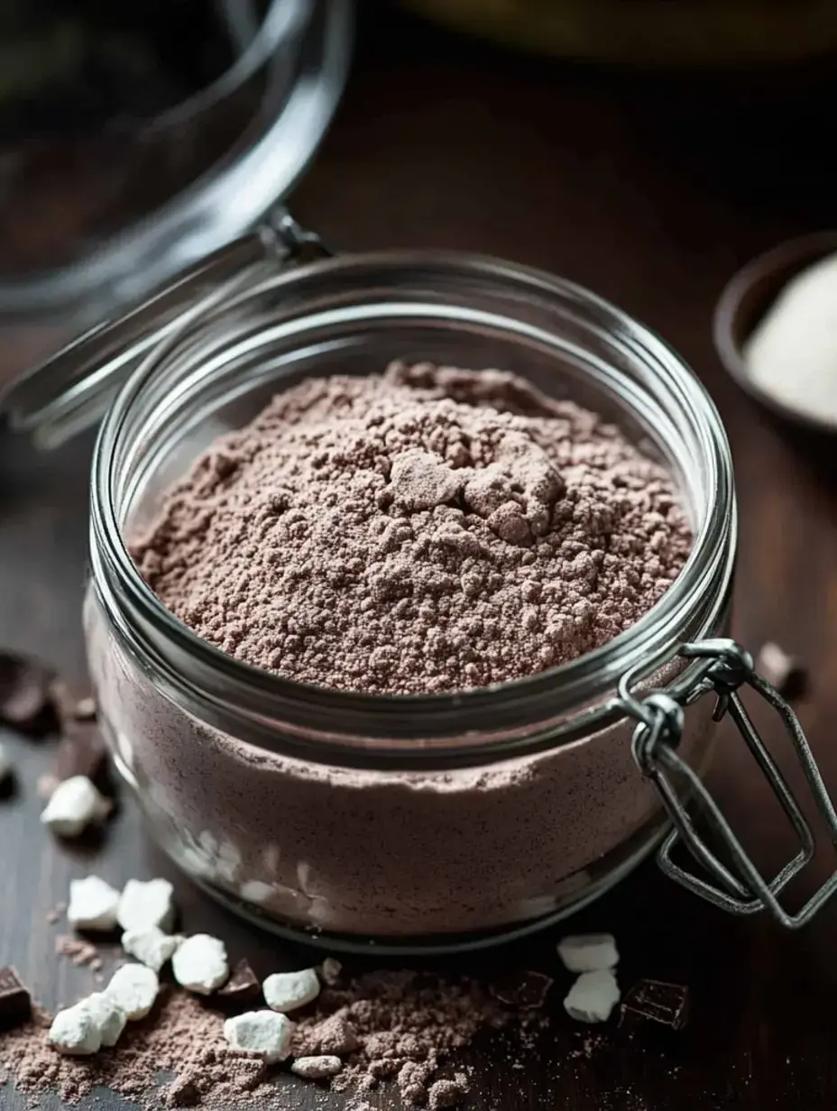 Un bocal en verre rempli d'ingrédients en poudre bruns posé sur une surface en bois, entouré de petits morceaux de chocolat blanc et noir.