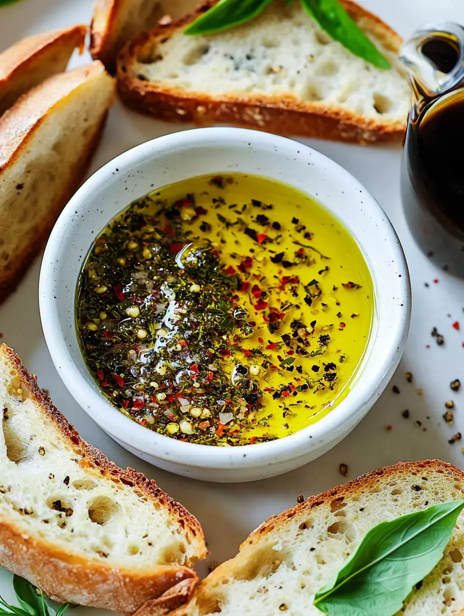 Un bol d'huile d'olive mélangée avec des herbes et des épices est entouré de tranches de pain croustillant et d'un filet de vinaigre balsamique.