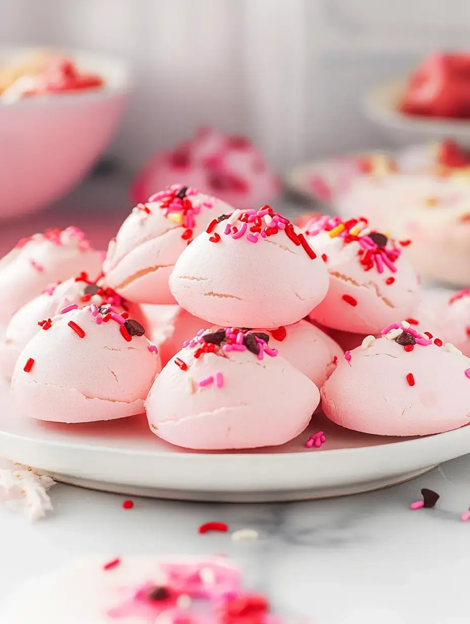 Une assiette de biscuits meringue roses garnis de vermicelles colorés, avec quelques biscuits supplémentaires éparpillés autour.
