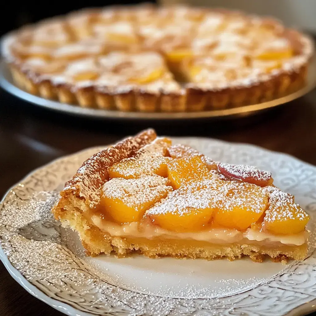 Une part de tarte aux pêches est servie sur une jolie assiette, la tarte entière est derrière, saupoudrée de sucre glace.