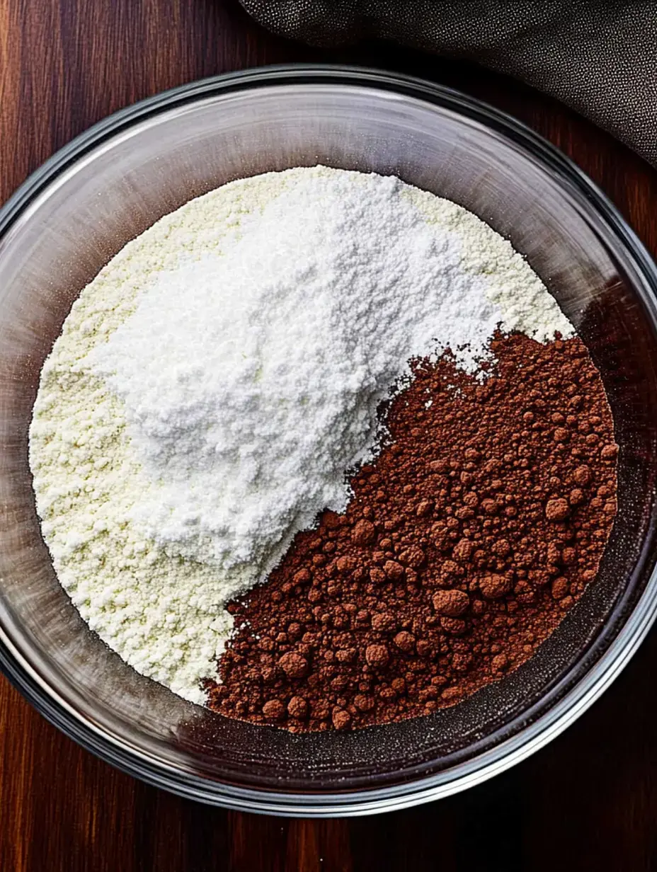 Un bol en verre contient un mélange de farine blanche et de cacao en poudre, posé sur une surface en bois.