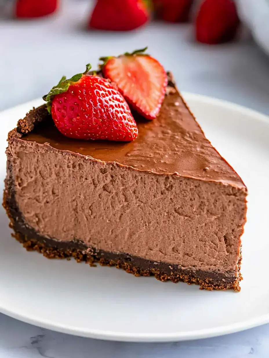 Une part de cheesecake au chocolat garnie de fraises fraîches posée sur une assiette blanche.