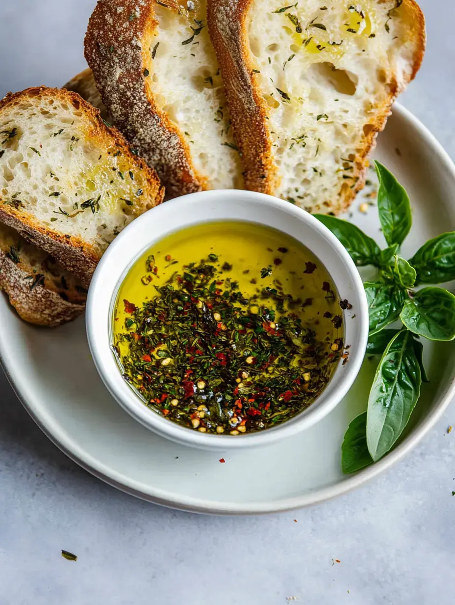 Une assiette présentant des tranches de pain grillé à côté d'un petit bol d'huile d'olive assaisonnée et de feuilles de basilic frais.