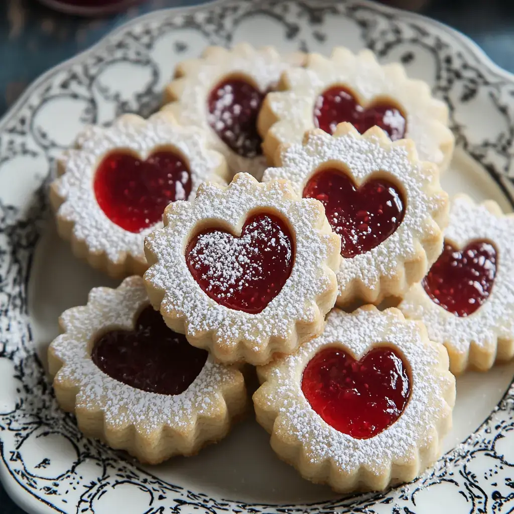 Une assiette de biscuits en forme de cœur garnis de confiture rouge et parsemés de sucre glace.