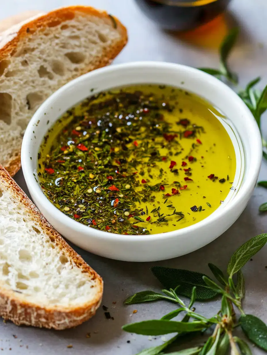 Un bol d'huile d'olive assaisonnée avec des herbes et des flocons de piment rouge, accompagné de tranches de pain et d'herbes fraîches.