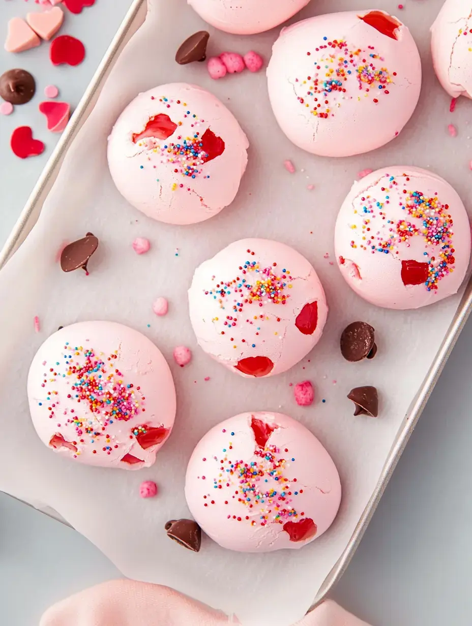 Un plateau de meringues roses craquelées garnies de vermicelles colorés et morceaux de fruits rouges, entourées de bonbons en forme de cœur et morceaux de chocolat.