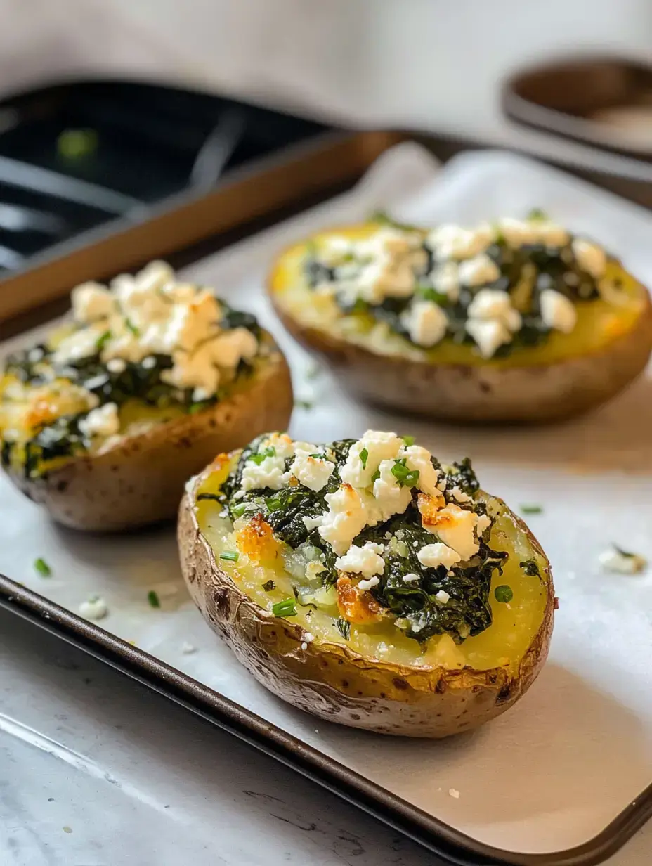 Des pommes de terre au four garnies de légumes verts sautés et de fromage émietté, présentées sur une plaque de cuisson.