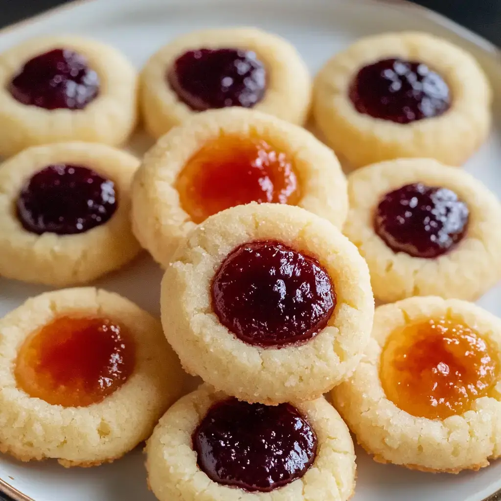 Une assiette de biscuits tendres garnis de confiture rouge et orange au centre.