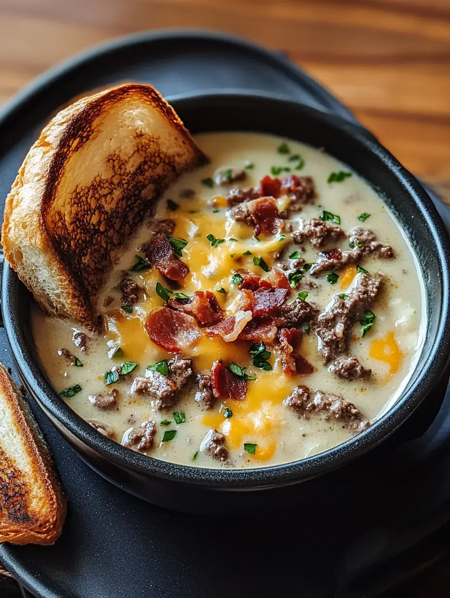 Un bol de soupe crémeuse garnie de bœuf haché, bacon croustillant et fromage cheddar, servie avec une tranche de pain grillé.