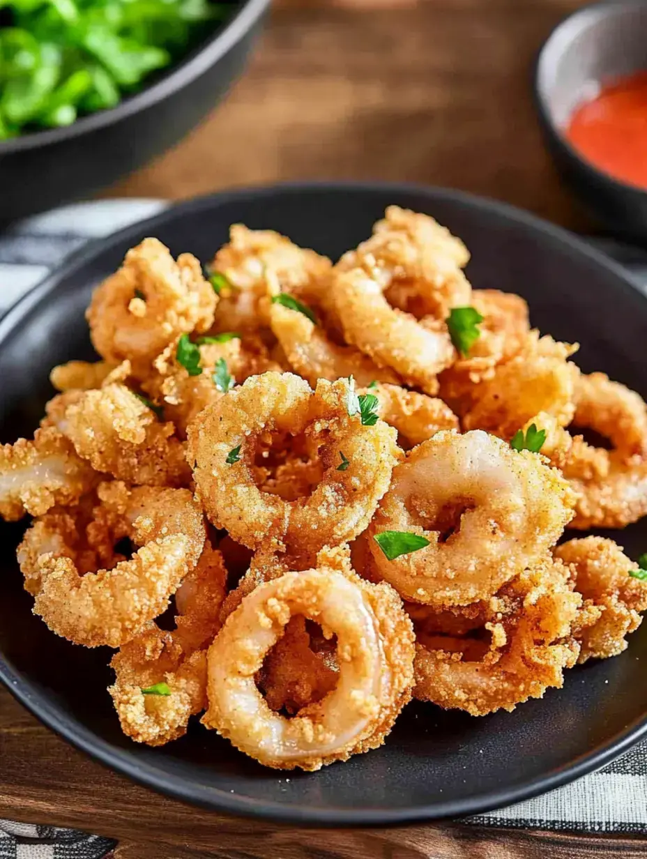 Une assiette d'anneaux de calamars panés et frits dorés garnis de persil, accompagnée d'un petit bol de sauce trempette.