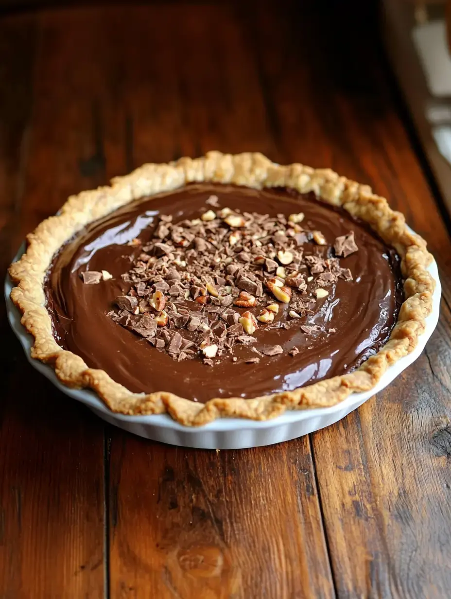 Une tarte au chocolat garnie de noix hachées présentée sur une table en bois.
