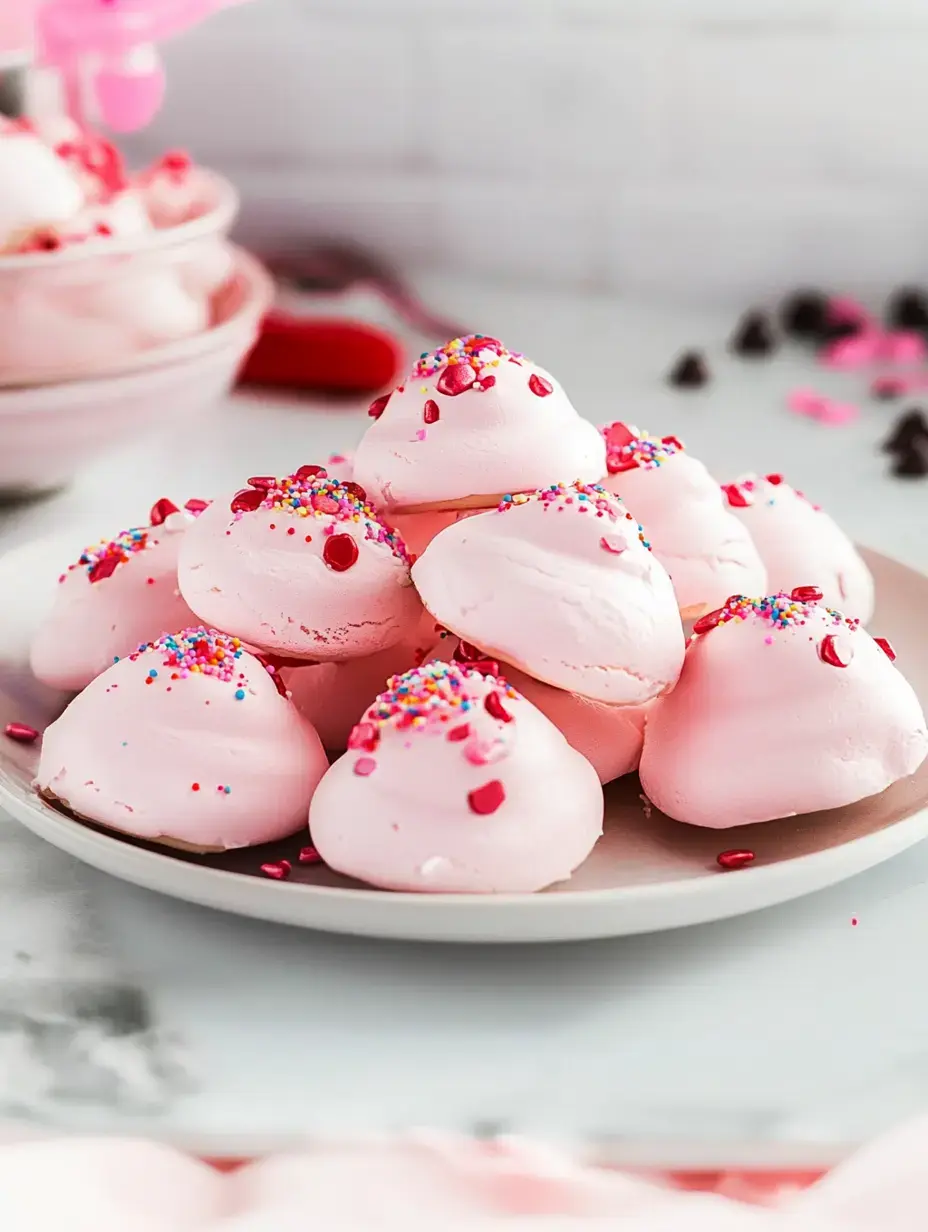 Une assiette de biscuits meringue roses garnis de vermicelles colorés et petits morceaux rouges, présentée sur un arrière-plan flou.