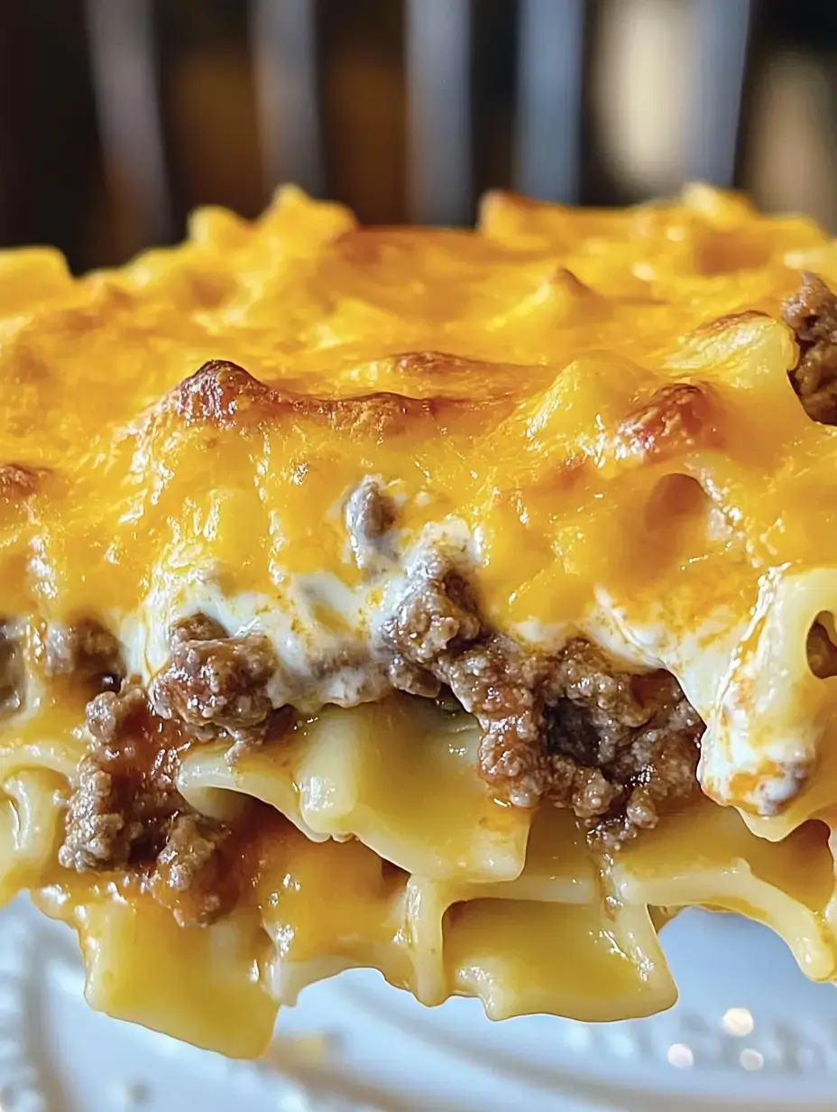 Un gros plan sur un gratin recouvert de fromage fondu, de pâtes et de viande hachée.