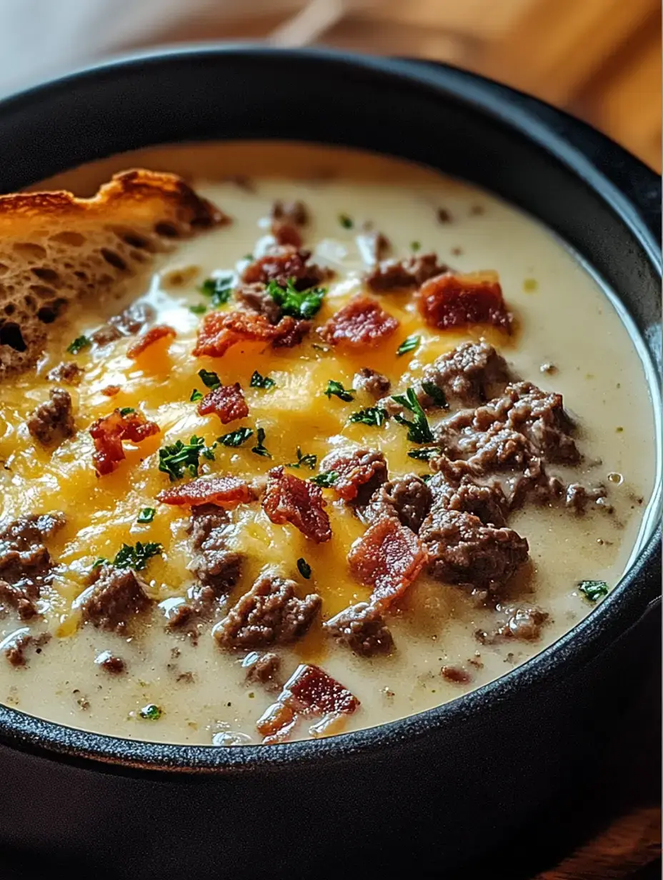 Un bol de soupe crémeuse garnie de bœuf haché, morceaux de bacon, fromage cheddar et persil haché, accompagnée d'une tranche de pain grillé.