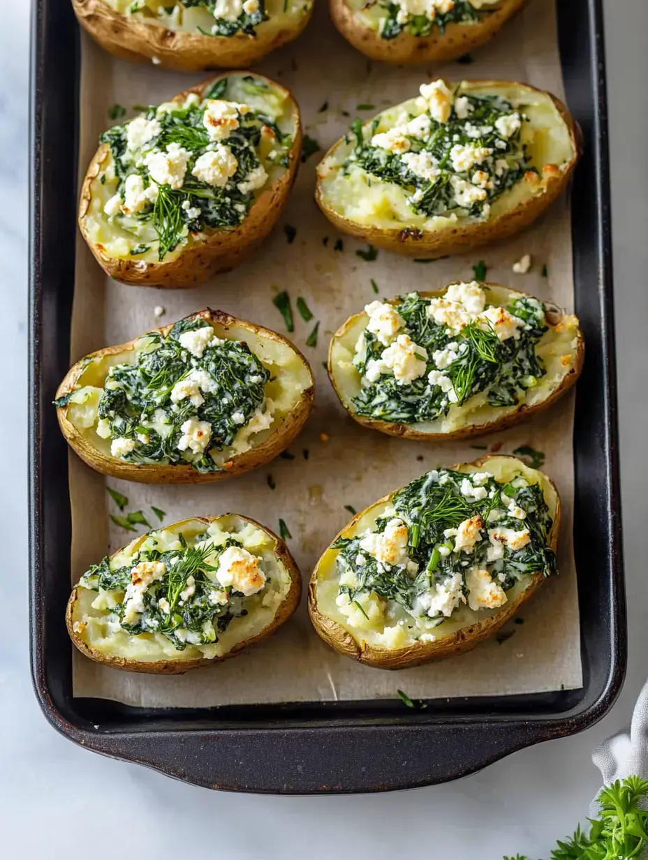 Des moitiés de pommes de terre au four garnies d'un mélange d'épinards, d'herbes et de fromage émietté, disposées sur une plaque de cuisson recouverte de papier sulfurisé.