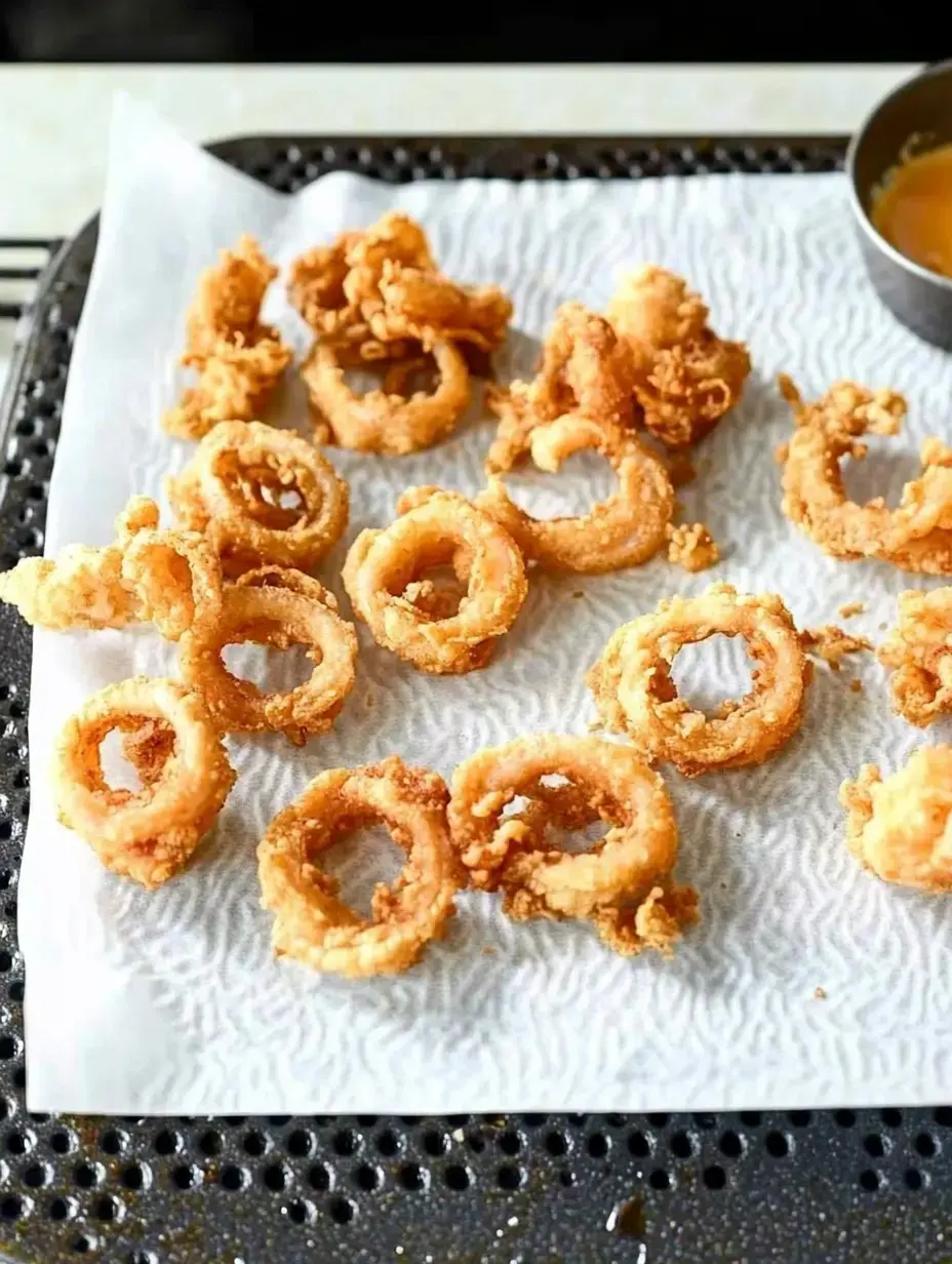 Un plateau de rondelles d'oignon fraîchement frites placées sur un essuie-tout pour absorber l'excès d'huile.