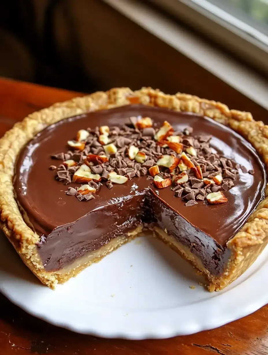 Une tarte au chocolat avec une part découpée, garnie de copeaux de chocolat et de noix hachées, présentée sur une assiette blanche.