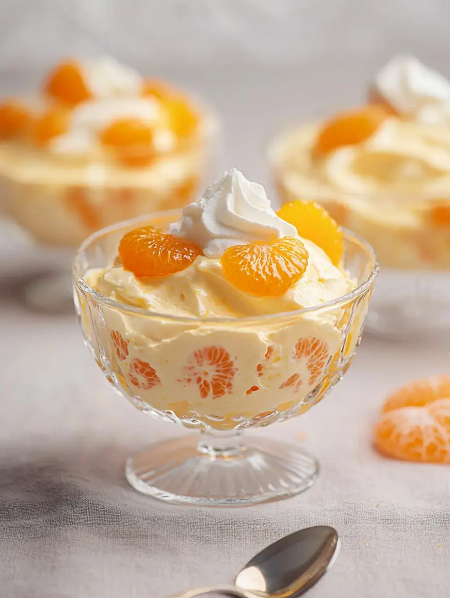 Un dessert crémeux garni de crème fouettée et segments de mandarine, servi dans un bol en verre.