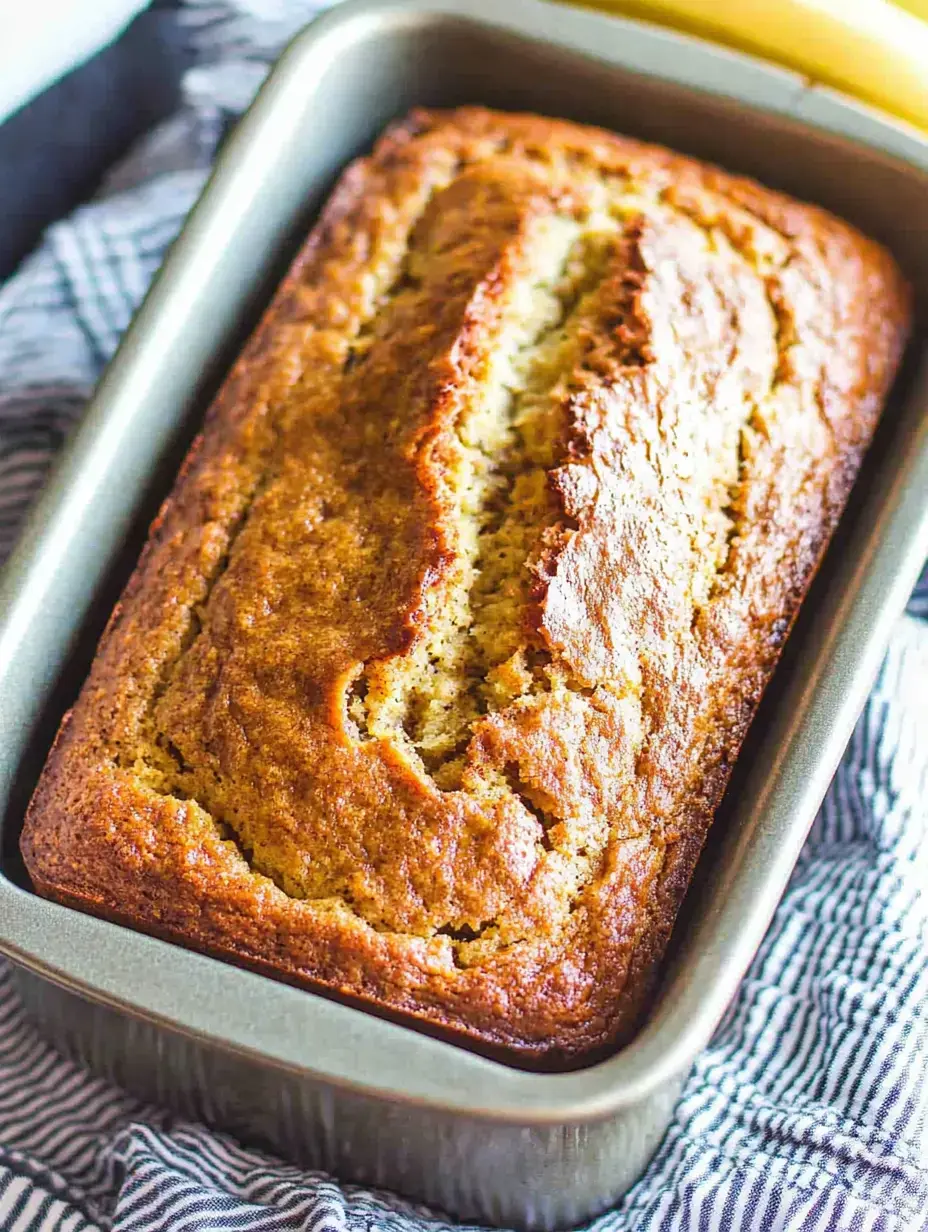 Un pain à la banane fraîchement cuit dans un moule à cake en métal, posé sur un torchon rayé.