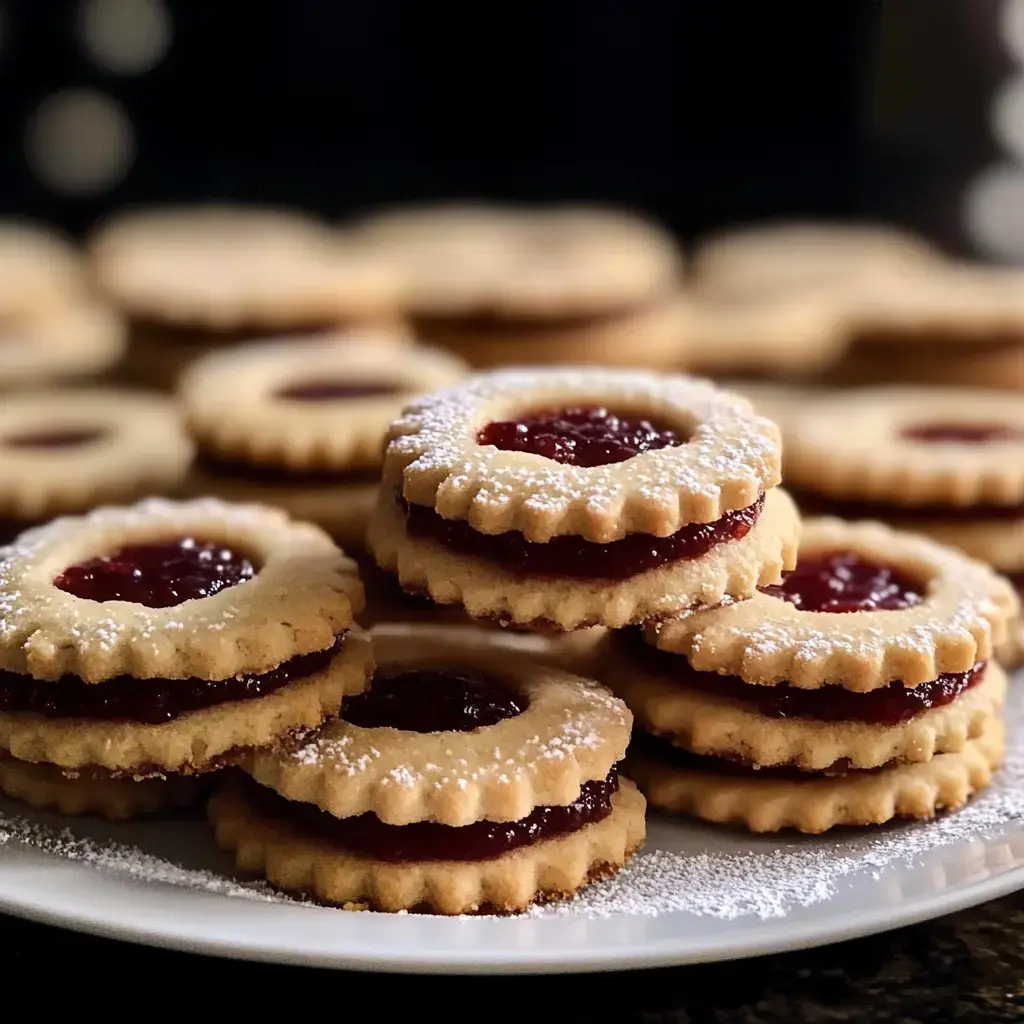 Gros plan de biscuits fourrés à la confiture rouge saupoudrés de sucre glace, empilés sur une assiette blanche avec d'autres gourmandises en arrière-plan.