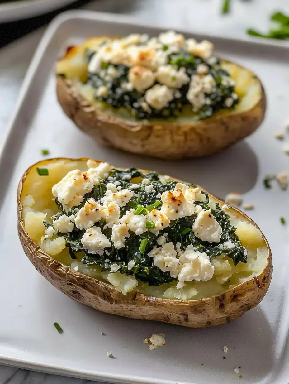 Deux moitiés de pommes de terre au four garnies d'épinards sautés, de feta émiettée et de ciboulette hachée sur une assiette blanche.