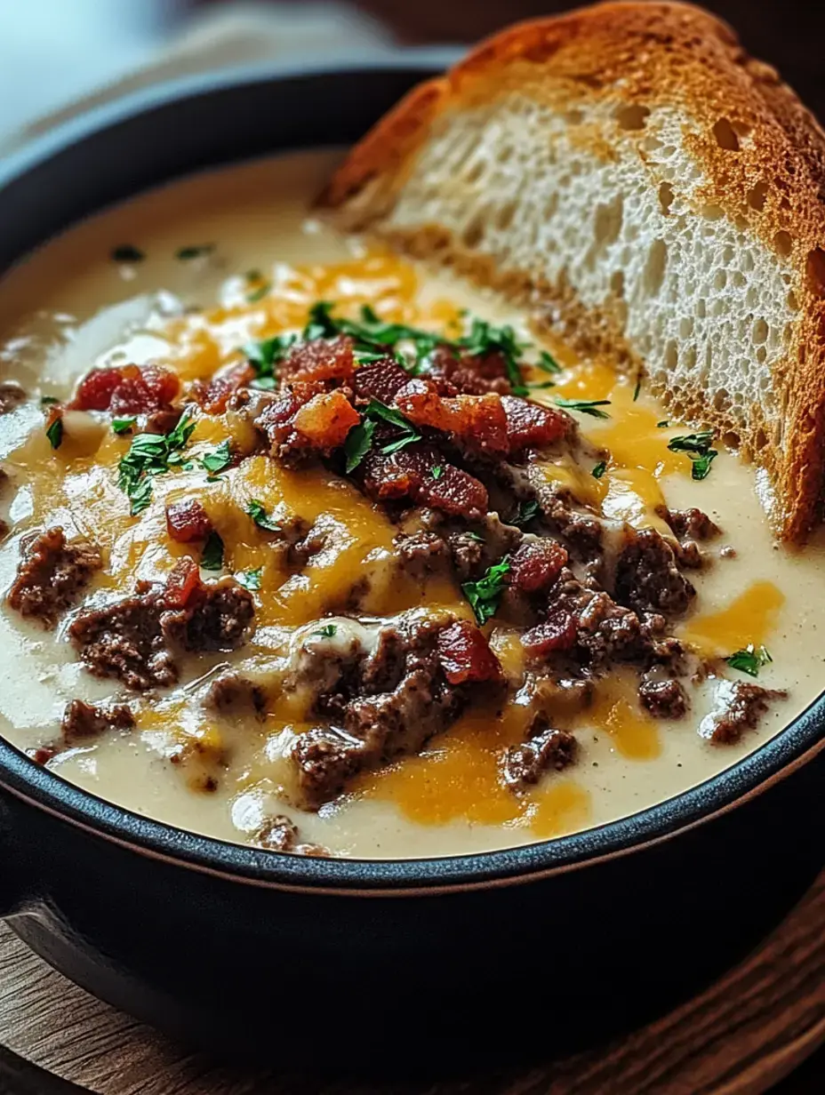 Un bol de soupe crémeuse garnie de bœuf haché cuit, fromage, morceaux de bacon et herbes fraîches, accompagnée d'une tranche de pain grillé.