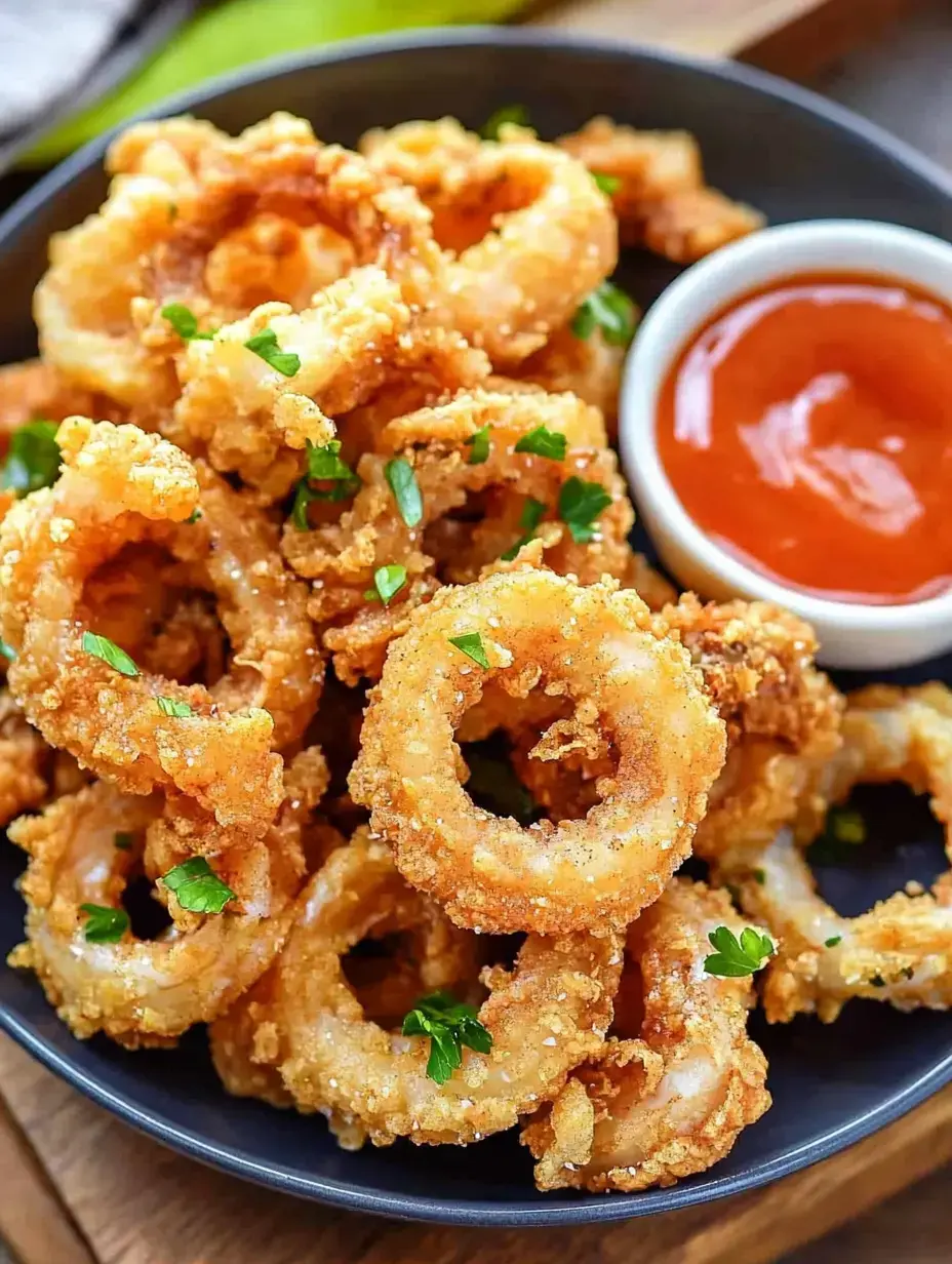 Une assiette de calamars frits croustillants et dorés garnis de persil vert, servie avec un petit plat de sauce trempette.