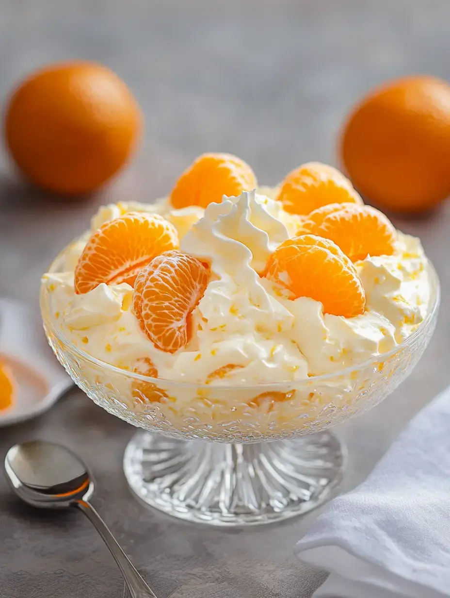Un bol en verre rempli de crème fouettée et segments de mandarine, accompagné d'oranges entières en arrière-plan.